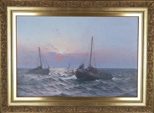 JOHAN OSSIAN ANDERSSON. (1889–1975). segelbåtar i skymning, olja på duk. signerad.