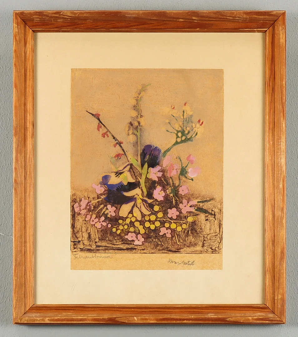 MAJA FJAESTAD. Handtryck, Februariblommor, signerad. — Engravings & Prints — Karlstad Hammarö Auktionsverk