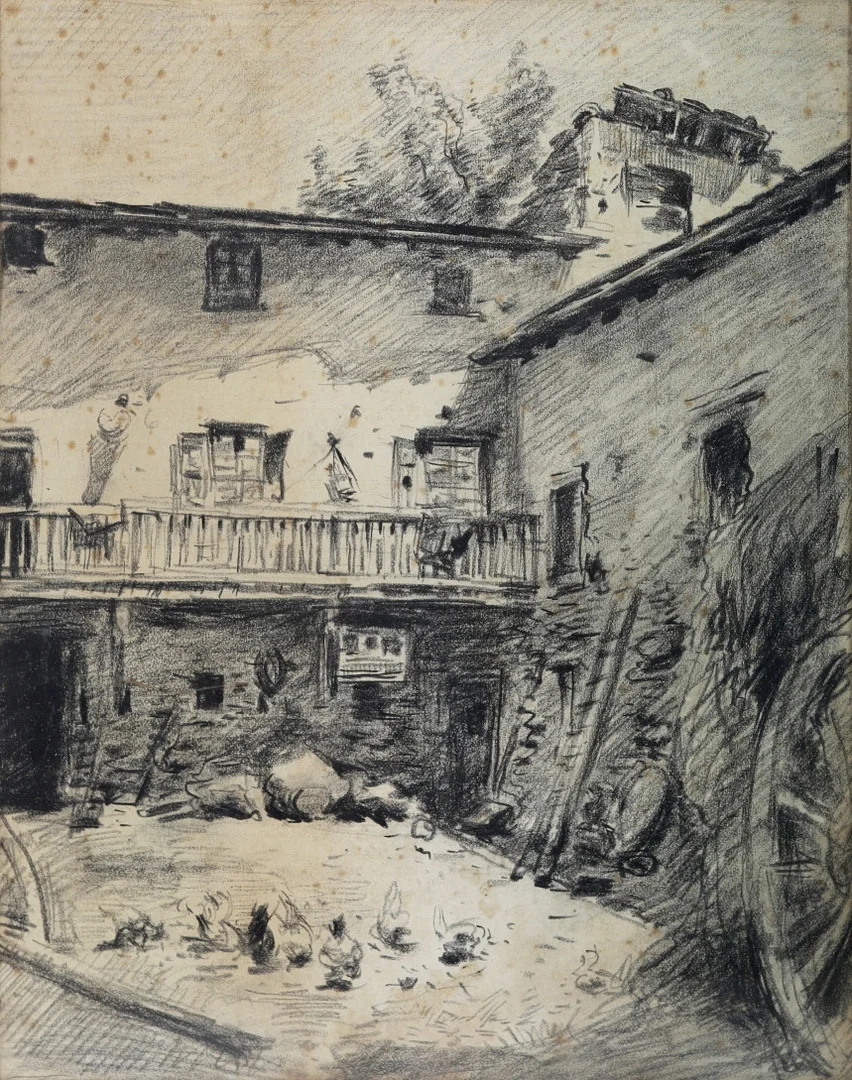 ESCUELA CATALANA. ANÓNIMO. PATIO INTERIOR. DIBUJO A CARBÓN LÁPIZ SOBRE PAPEL. — Drawings — Barcelona Auctions