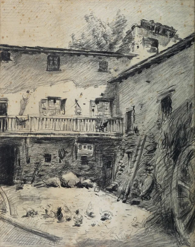 ESCUELA CATALANA. ANÓNIMO. PATIO INTERIOR. DIBUJO A CARBÓN LÁPIZ SOBRE PAPEL.