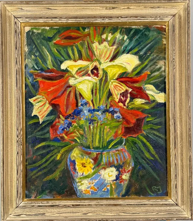 RAGNAR JOHANSSON. Blomsterstilleben, olja på pannå, monogramsignerad.
