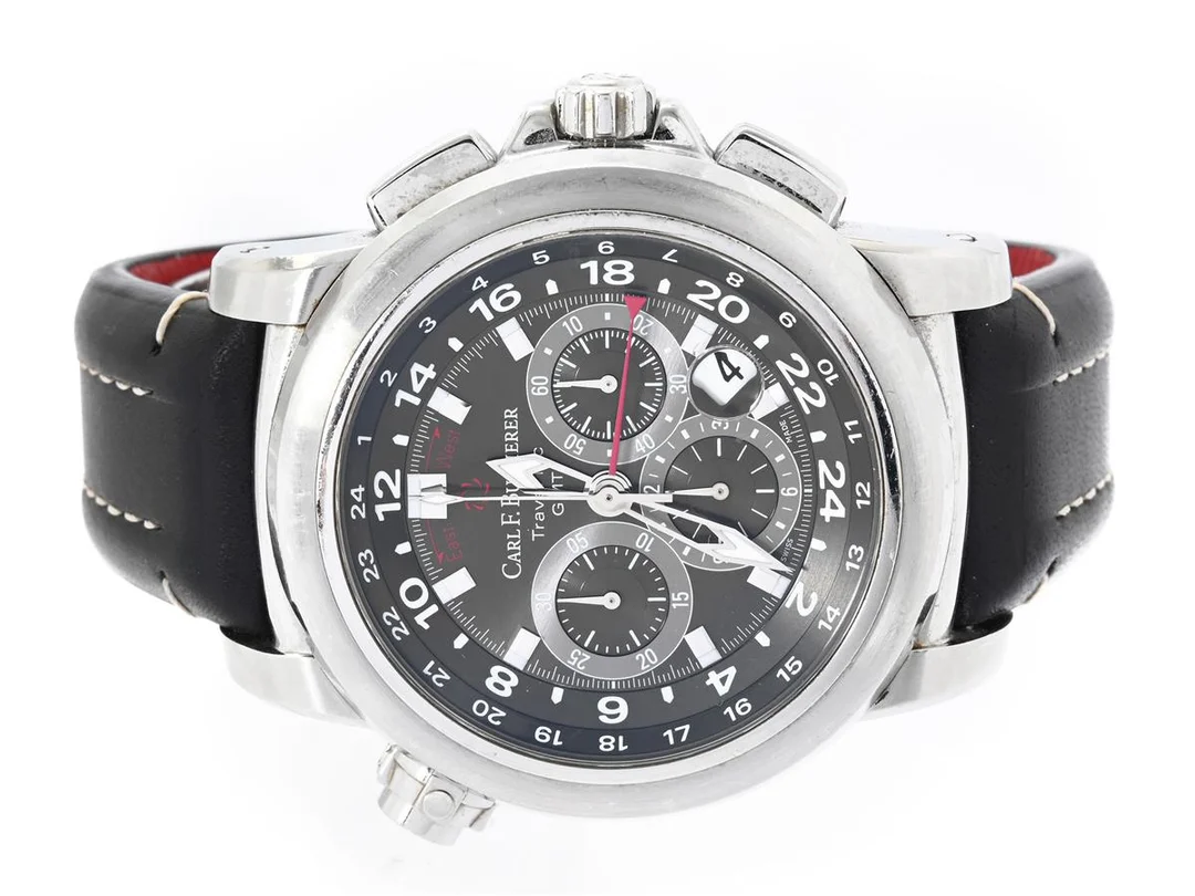 CARL F BUCHERER, Patravi TravelTec GMT, Chronometer, Cal 1901.1 (ETA 2894-2), Verk nr. 194624, Serie nr. 11.0376, Ref nr. 00.10620.08.33.02, Boett nr. 10620.08, kronograf, herrur, 46,6 mm, stål, automatisk, safirglas, datum, 24-timmarsvisning, läderband, viklås, ca 2015, box (ej komplett), ytterkartong. — Klockor/Bucherer — Kaplans