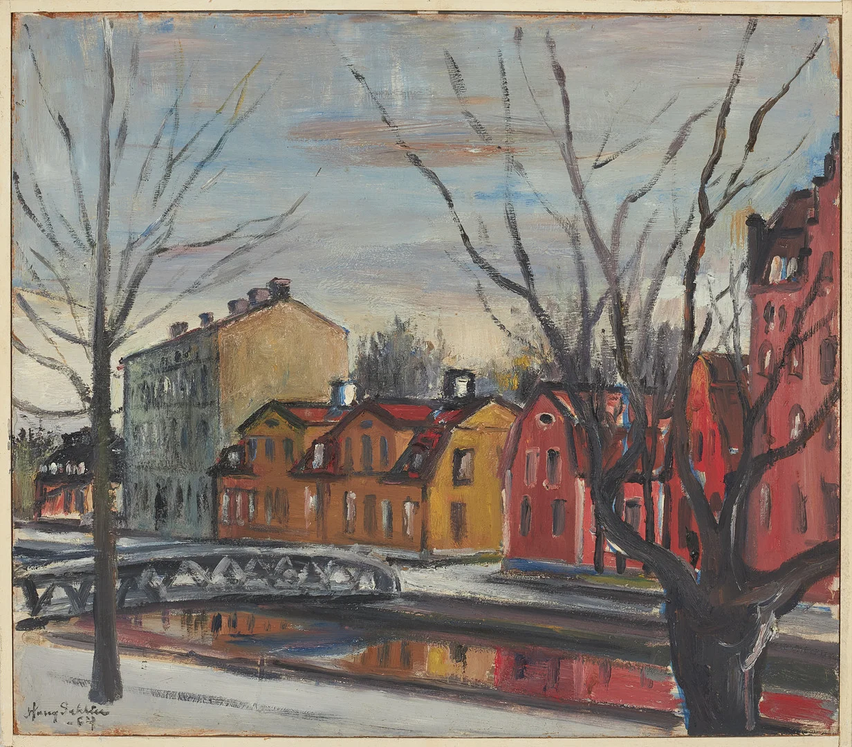 HARRY SAHLIN (1905-1990). Uppsalamotiv, olja på pannå, signerad samt daterad -64. — Paintings — Stockholms Auktionsverk Sickla