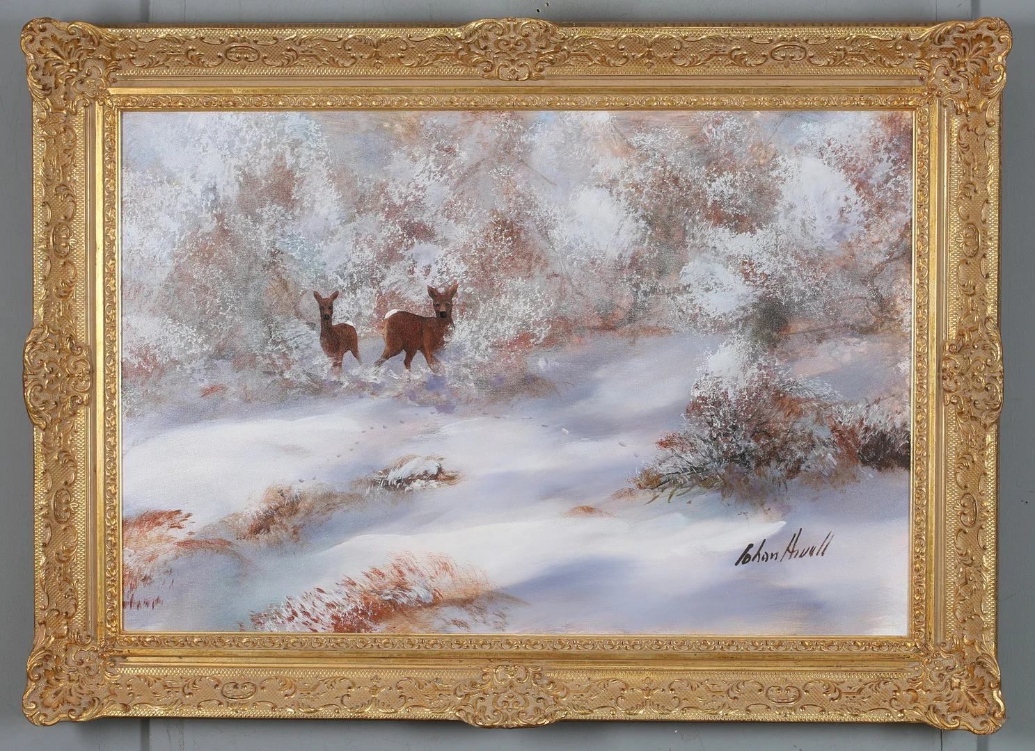 JOHAN ARVALL. Rådjur i vinterlandskap, oja på duk, signerad. — Paintings — Stadsauktion Sundsvall