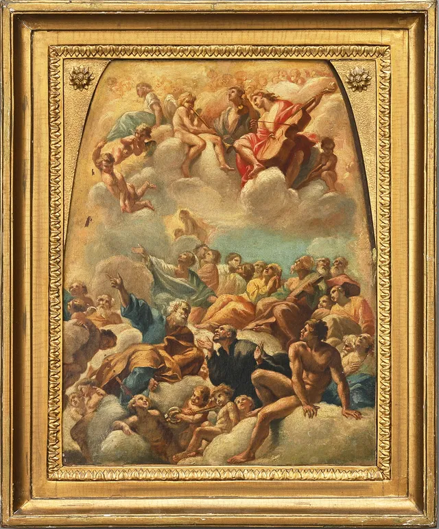 NAPOLITANSK SKOLA, 1700-tal, himmelsfärd, utförd efter italiensk kupolmålning, olja på duk.