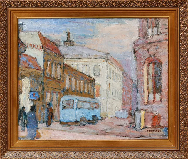 SIGGE JERNMARK. "Badhusgatan", olja på duk, signerad.