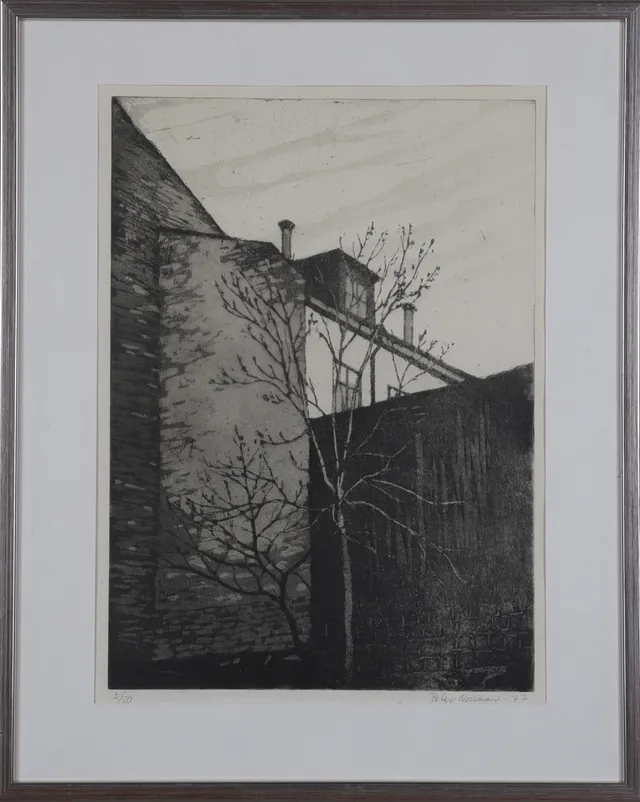PETER NORRMAN. Linje och Akvatintetsning, "Hus och plank", signerad, numrerad 2/50 och daterad 1977.