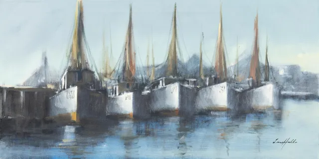 LARS HALL (1938-2018). Fiskebåtar i hamn, olja på duk, signerad.