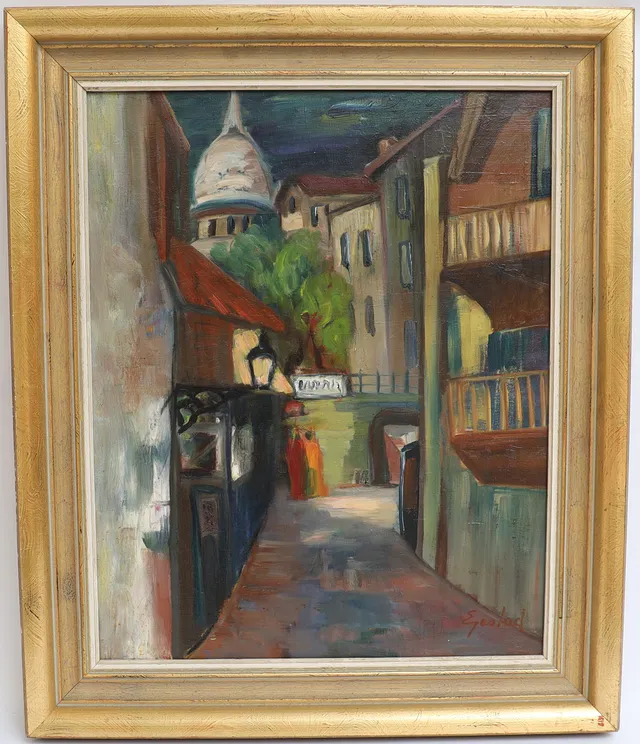 OIDENTIFIERAD KONSTNÄR. Stadsbild med figurer, oljemålning på duk, signerad Ejestad.