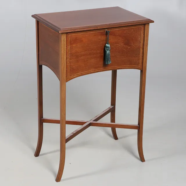 A MAHOGANY BOX TOP WORK TABLE, AND A SILKS HOLDER.