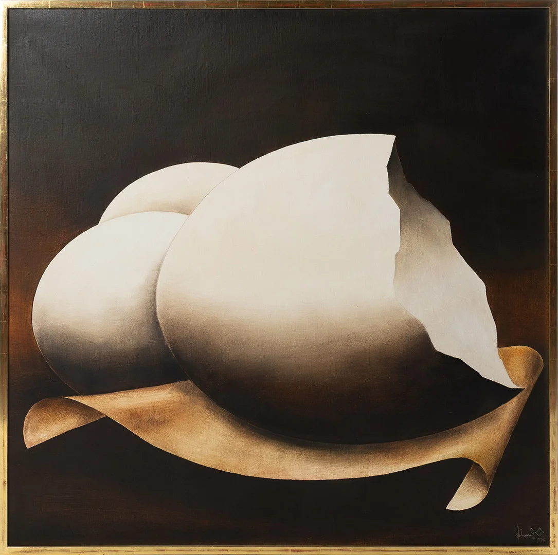JOHANNES OLSSON (FÖDD 1945). Komposition med ägg, olja på duk. — Paintings — Stockholms Auktionsverk Helsingborg