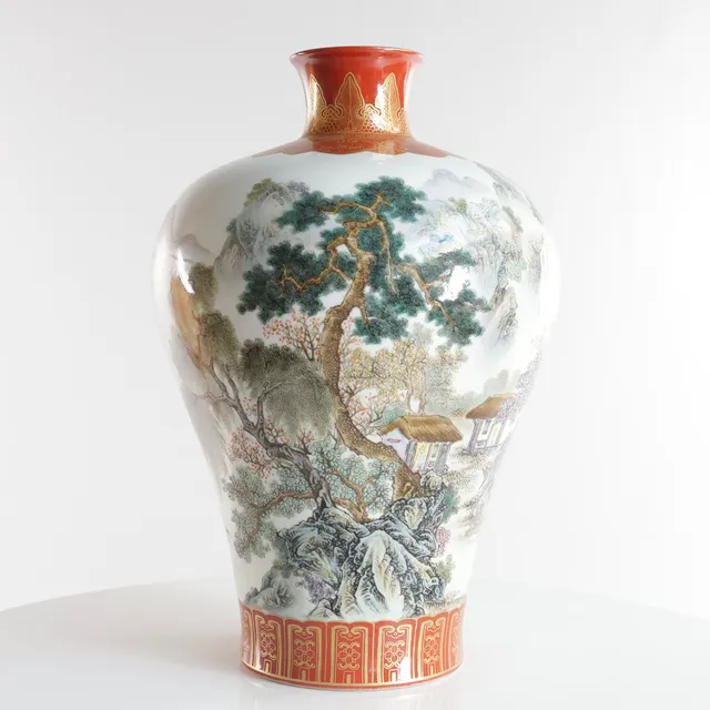 Kinesisk vase, motiv natur og bjerglandskab. 20 århundrede.