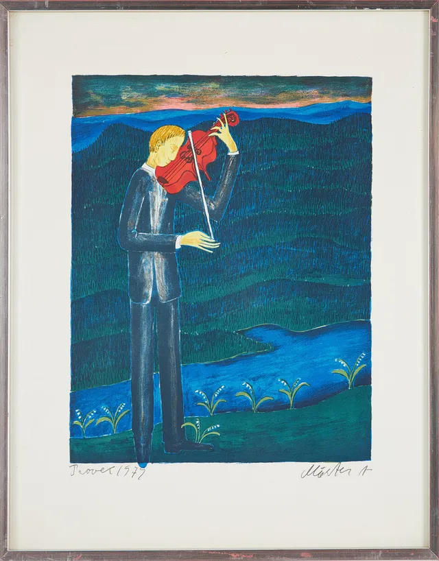MÅRTEN ANDERSSON. Fiolspelande man, färglitografi, provtryck, signerad och daterad, 1979.