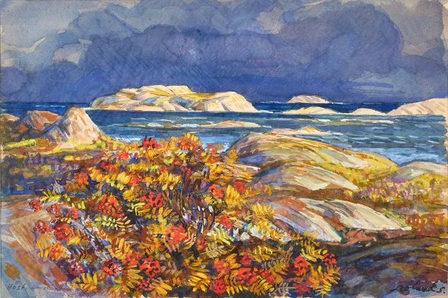 ROLAND SVENSSON. "Höst i storskärgården", akvarell på papper, 28 x 42, 5 cm.