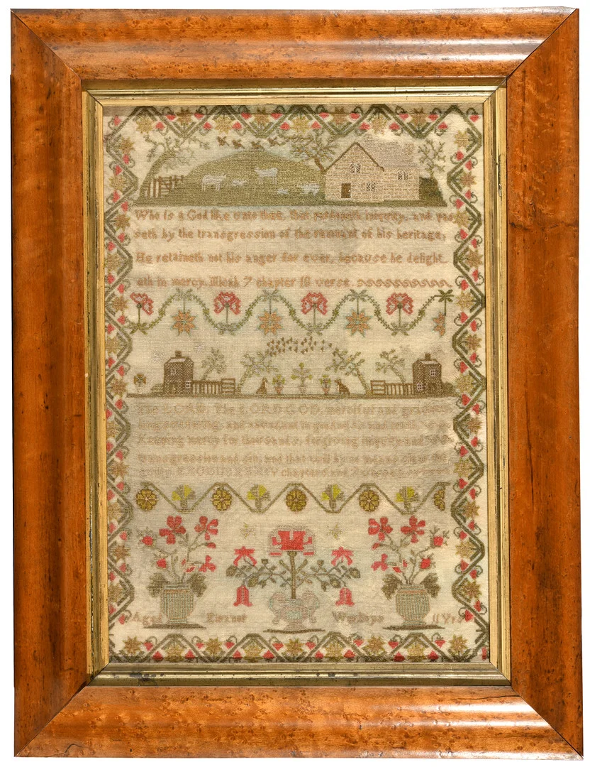 FRAMED SAMPLER, ELEANOR WARBOYS. — Textiles — Lawrences Auctioneers