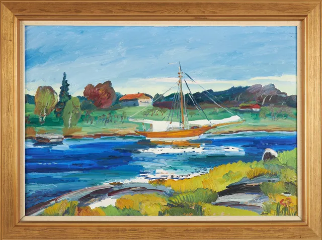 GÖRAN BRUNIUS. Skärgårdsmotiv med segelbåt, olja på duk, signerad.