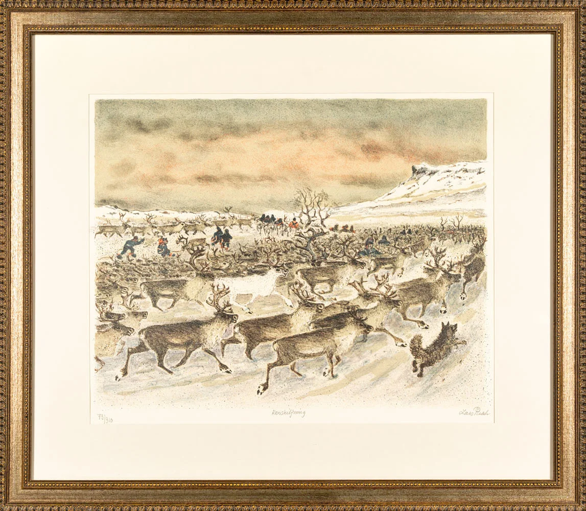 LARS PIRAK. Färglitografi, signerad, numrerad 73/310 "Renskiljning". — Engravings & Prints — Norrlands Auktionsverk