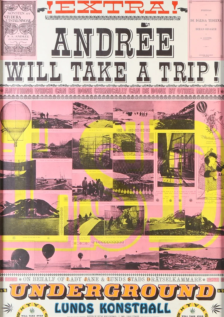 STURE JOHANNESSON. Affish. "Andrée will take a trip", Lunds Konsthall, 1969, Legal Vision. — Engravings & Prints — Skånes Auktionsverk