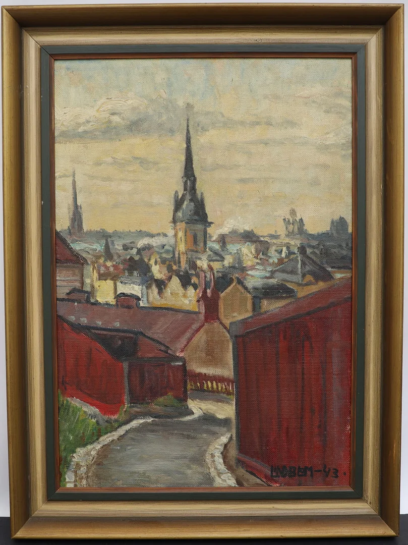 OIDENTIFIERAD KONSTNÄR. Oljemålning på pannå, motiv från Stockholm, signerad Lindblom och daterad 43. — Paintings — Falun Auktionsbyrå