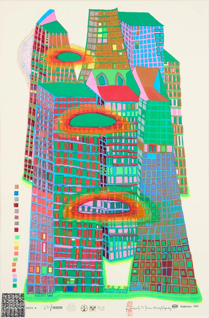 FRIEDENSREICH HUNDERTWASSER. "Good morning city. Bleeding town.". — Engravings & Prints — Uppsala Auktionskammare