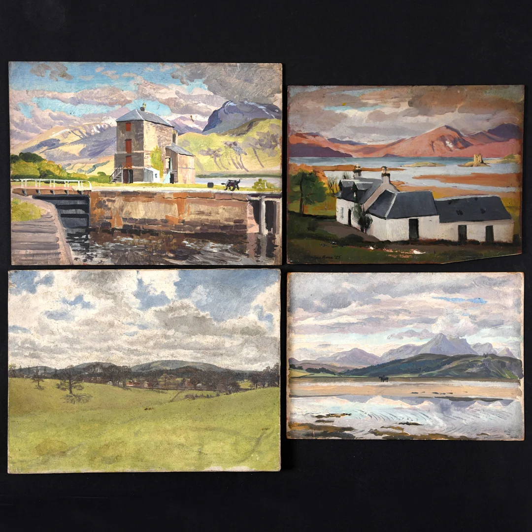 STEPHEN BONE (1904-1958). THE KYLE OF TONGUE, SUTHERLANDSHIRE; TAYCHREGGAN, APPIN (1925); CALEDONIAN CANAL; ANOTHER VIEW. — Paintings — Lawrences Auctioneers