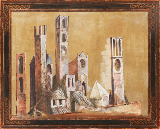 JAN BRAZDA (1917-2011). San Gimigniano, Toscana, Italien, olja på duk, signerad och daterad -55.