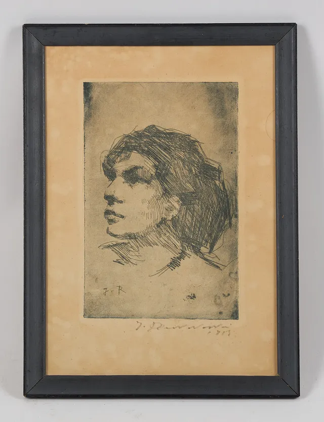 JALMARI RUOKOKOSKI. Kvinna i profil, signerad samt daterad 1913, signerad J.R. i plåten, etsning.
