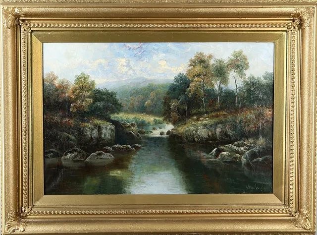 WILLIAM LANGLEY. Walesiskt landskap med flod, olja på duk, signerad.