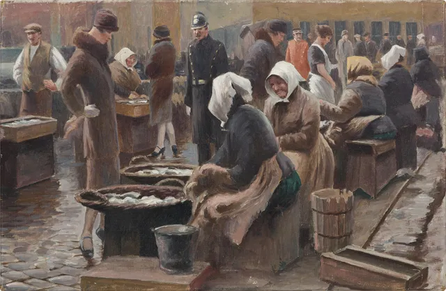 SØREN CHRISTIAN BJULF (DANMARK, 1890-1958). Fiskmarknad i Köpenhamn, signerad, olja på duk.