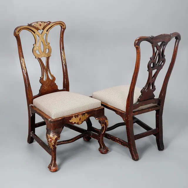 Pair of Spanish low chairs, probably Andalusian, Chippendale style, circa 1760.
