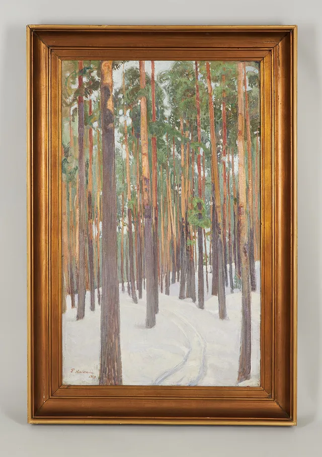 PEKKA HALONEN. Tallskog om vintern, signerad samt daterad 1913, olja på duk.