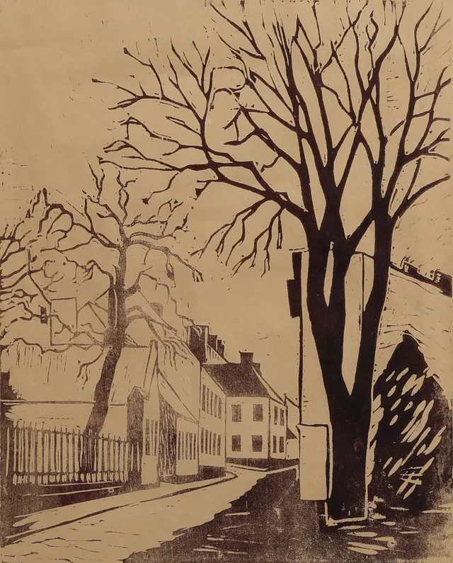 YNGVE THOR HENRIK BERG. LUNDAMOTIV, TRÄSNITT, SIGNERAD OCH DATERAD 1952.