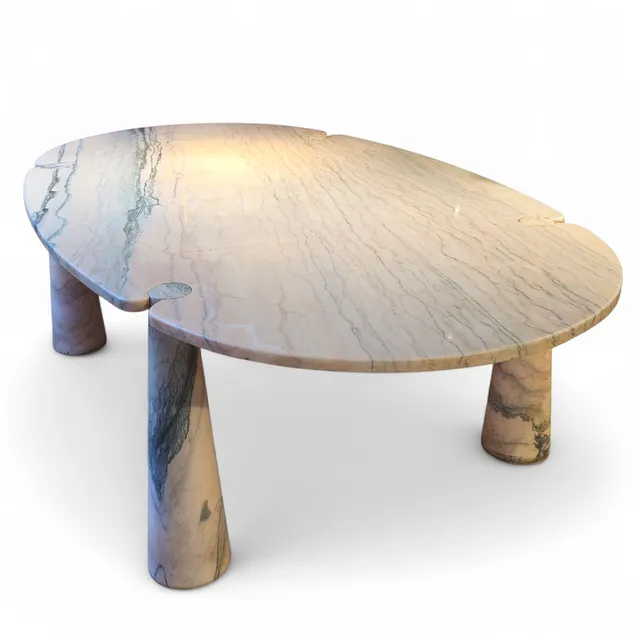 ANGELO MANGIAROTTI (MILÁN, 1921-2012). Mesa Eros ovalada de comedor en mármol rosa.