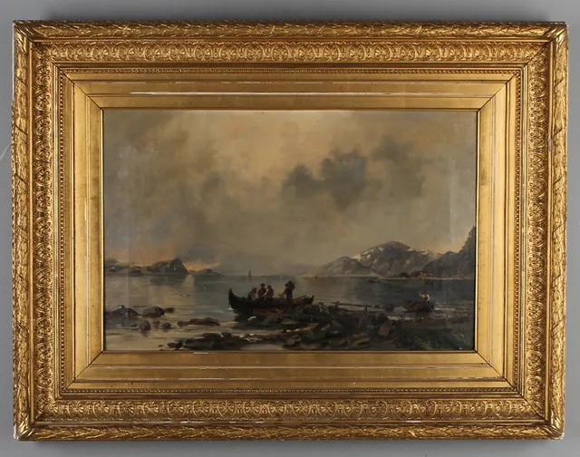 OKÄND KONSTNÄR. Fjordlandskap med båtar och figurer, olja på duk, osignerad.