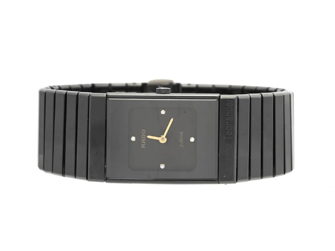 RADO, Ceramica Jubilé, Serie nr. 35802760, Boett nr. 204.0320.3, damur, 21 x 26,5 mm, high-tech ceramica, quartz, safirglas, diamanter på urtavlan (4 st.), gravyr (se bild), servicebehov, integrerad originallänk, viklås, Ref nr. 03986, ca 1993, box (skadad). — Klockor/Rado — Kaplans