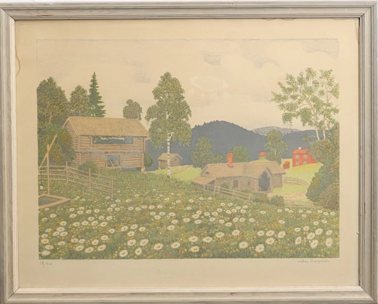 OSKAR BERGMAN. Landskap med stugor, färglitografi, signerad och numrerad. — Engravings & Prints — Falun Auktionsbyrå
