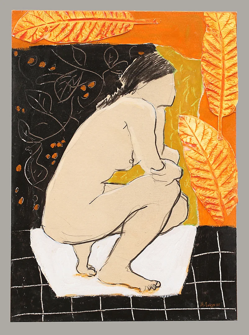 ALAIN SOUCASSE. "Nude in room 8", blandteknik, signerad A Soucasse. — Paintings — Garpenhus Auktioner