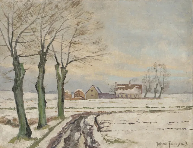JOHAN JACOBSEN. Vinterlandskap med gård, olja på duk, signerad.