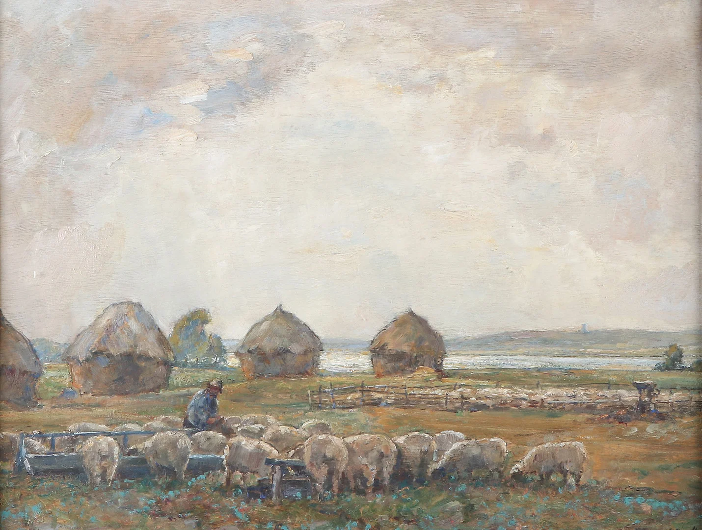 JAMES HERBERT SNELL. Oljemålning på pannå. Herde med får i landskap. Signerad. — Paintings — Skånes Auktionsverk