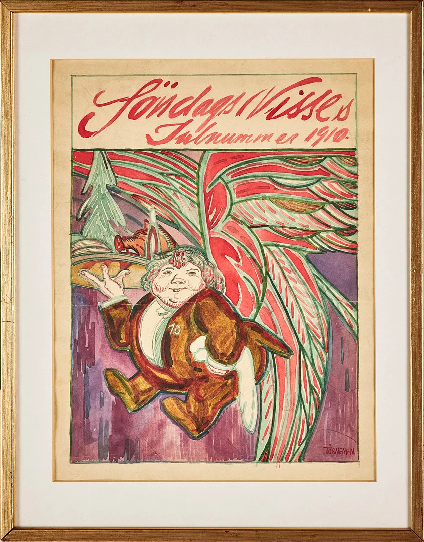 AXEL TÖRNEMAN (1880-1925). "Söndags-Nisses Julnummer 1910", tidningsillustration, akvarell och blyerts på papper, signerad Törneman samt monogramsignerad/stämpelsignerad i pappret professor Algot Törneman, konstnärens son. — Paintings — Stockholms Auktionsverk Sickla