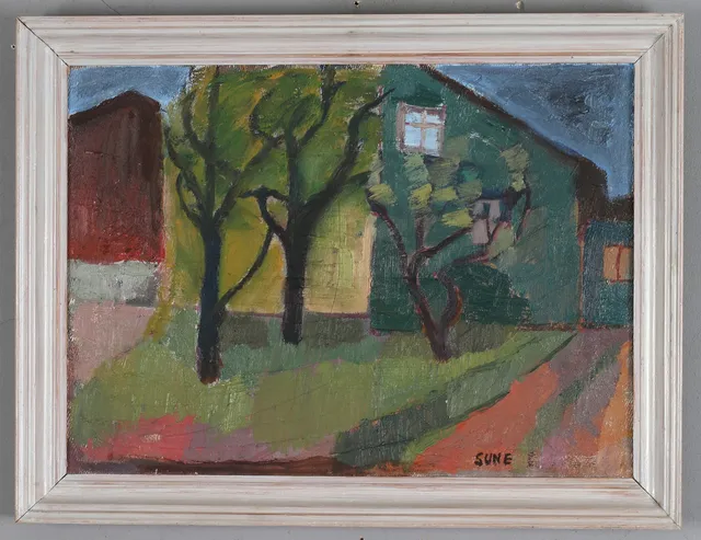 SUNE BLOMQVIST. Hus vid vägen, olja på duk, signerad.