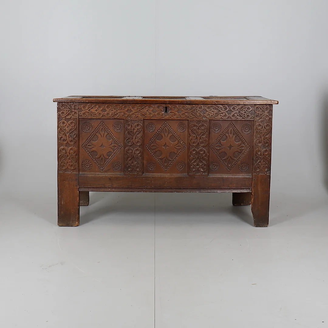 AN OAK JOINED CHEST WITH CARVED FRONT. — Chests of drawers — Dreweatts Online