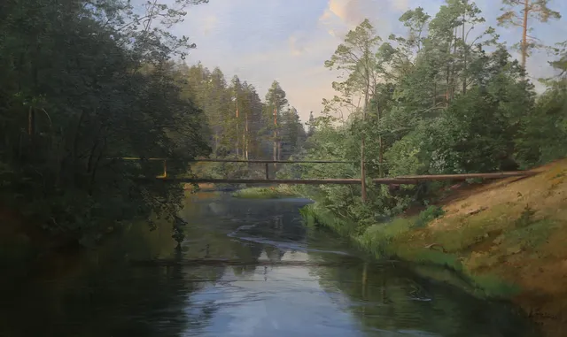 ALFRED THÖRNE. Landskap med bro över bäck. Olja på duk, signerad och daterad 1907.