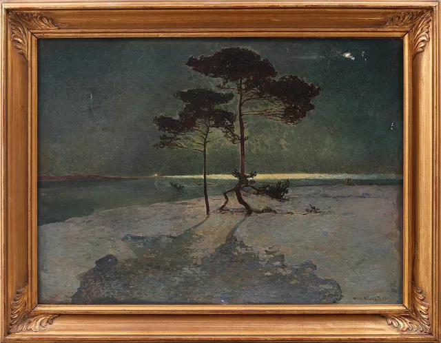 ARTUR BIANCHINI. Kustbild med tallar i fyrljus, olja på duk, signerad.