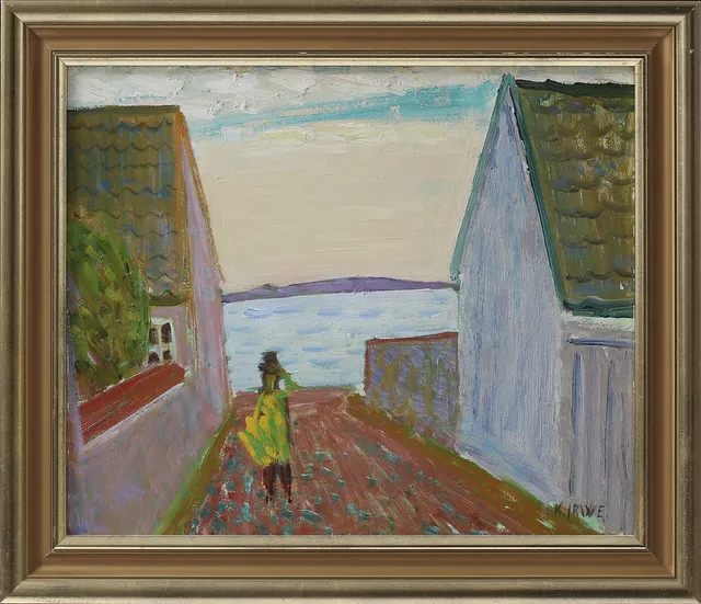 KNUT IRWE. Figur mellan hus vid havet. Olja på pannå, signerad.