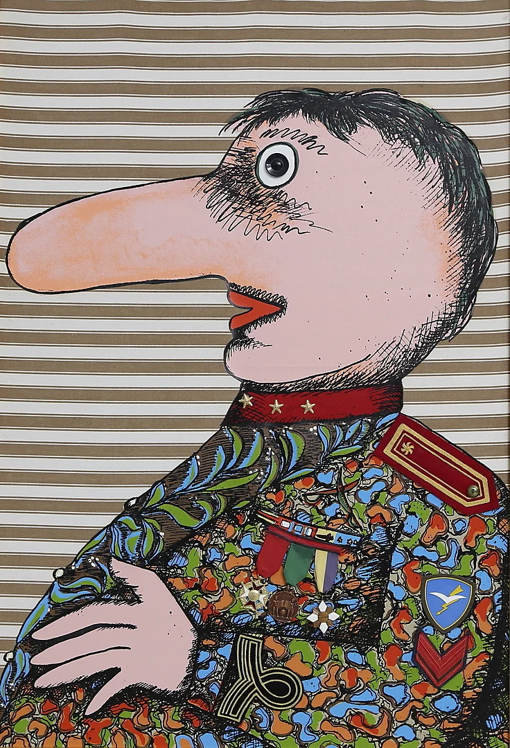 ENRICO BAJ. "Le Baron Gay de Vernon expert". Blandteknik/collage, signerad och numrerad 39/90 a tergo. — Paintings — Gomér & Andersson Linköping