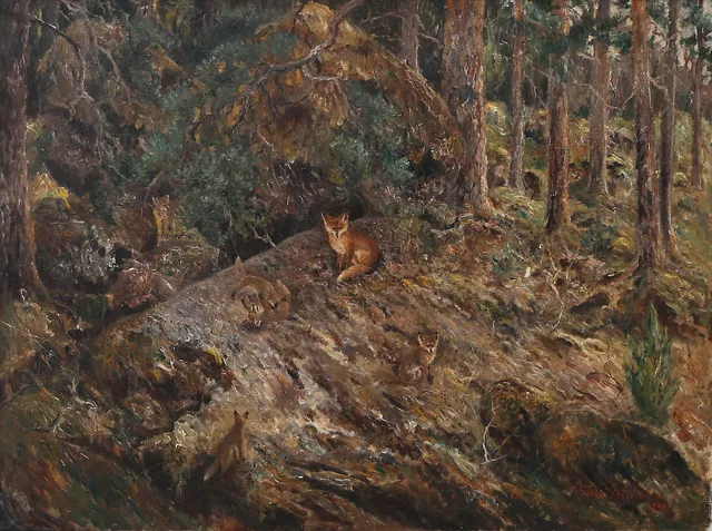 GÖSTA YDSTRÖM. Olja på duk, Rävfamilj i skogen. Signerad och daterad 1934.