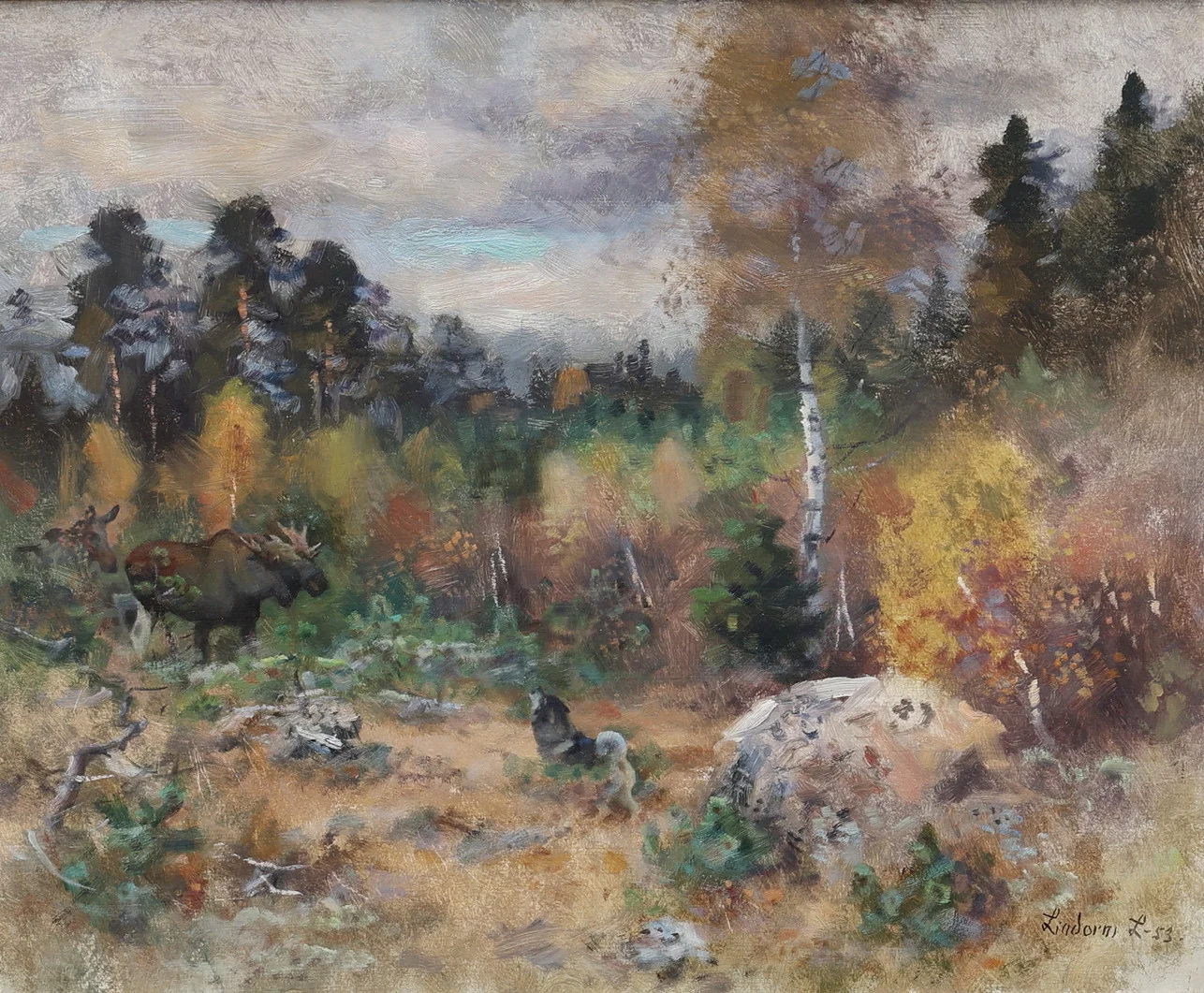 LINDORM LILJEFORS. olja på pannå, älgar och hund i skogsbryn, signerad Lindorm L, daterad -53. — Paintings — Auktionsmagasinet Vänersborg