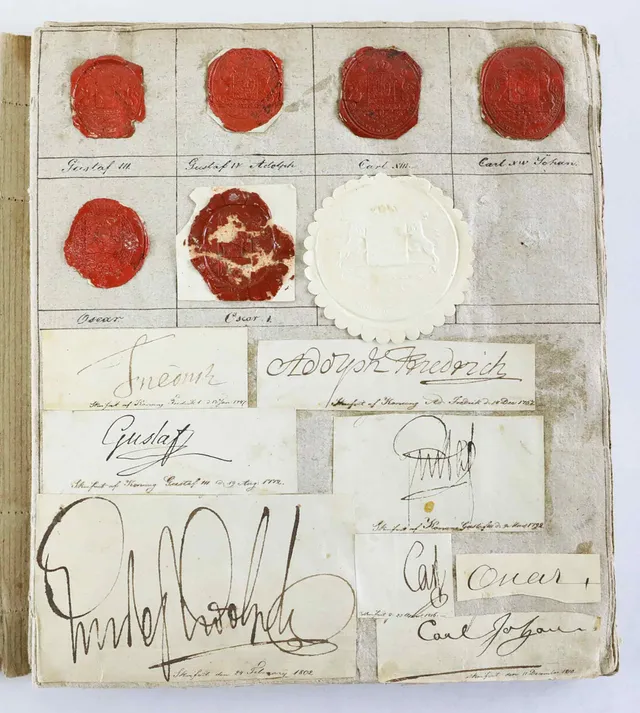 SIGILL/SIGNATURSAMLING, Kungar, grevar, riddare, adelsmän från 1600-tal och framåt, Gustaf III, Gustaf IV Adolf, Carl XIII, m.m.