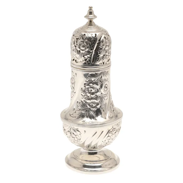 A LARGE VICTORIAN SILVER SUGAR CASTER.